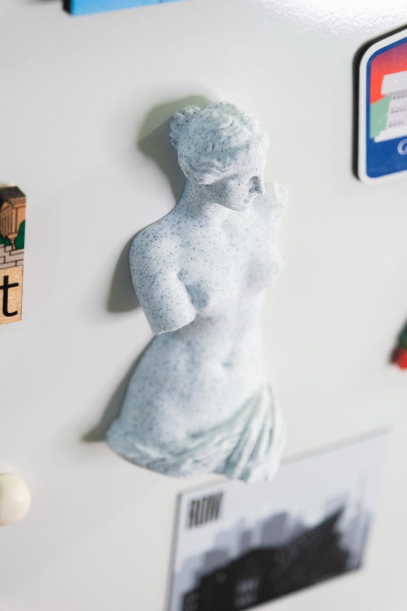May include: A light blue, speckled statue of a classical female figure, likely Venus, with her arms broken off. The statue is affixed to a white surface, possibly a refrigerator, with other magnets visible.
