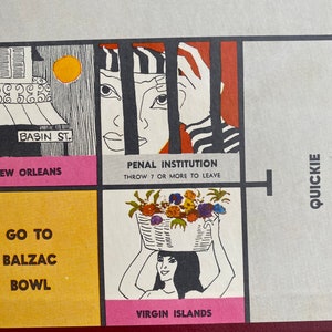 May include: A vintage game board square with a pink background and the text "Virgin Islands". A woman with black hair is holding a basket of flowers above her head. The square is next to a square with a yellow background and the text "Go to Balzac Bowl".
