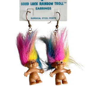 Vintage Russ troll earrings, NOS rainbow troll earrings