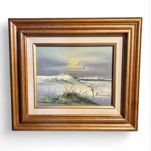 Vintage beach scene oil painting, original seascape painting