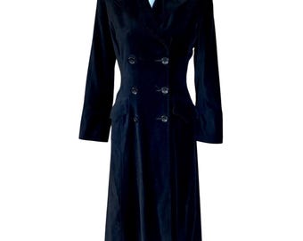 Vintage Newport News Black Cotton Velvet Maxi Coat, Double Breasted Tailored Long Jacket, 90s Gothic Dark Academia