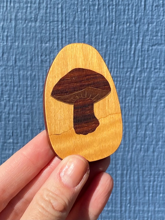 Vintage mushroom brooch, mcm wood mushroom brooch - image 1