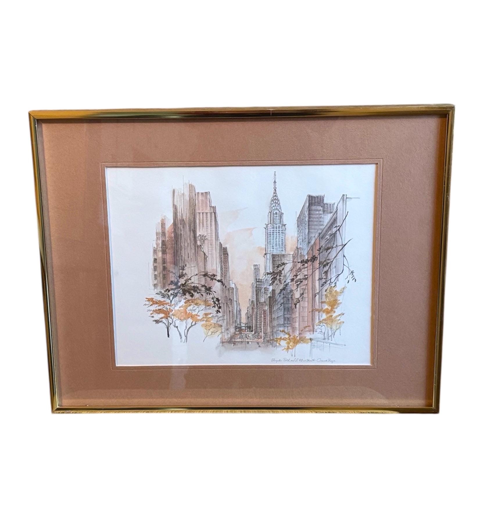 Vintage Framed Watercolor Print: NYC Chrysler Building Art by Mads