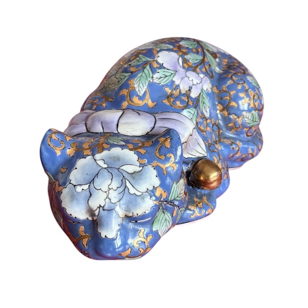 Vintage Cloisonné Style Ceramic Sleeping Cat Blue/lavender Floral, Chinoiserie Cat Figurine, 1980s Decor