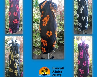 New  Hawaii Sarong Pareo Luau Cruise Wrap Dress Hibiscus on Black 100% Rayon 64" x 44"