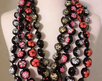 New 32" Best Quality Hawaii Hibiscus Flower  Kukui Nut Necklace Lei Siver Gold Orange/Red Pink