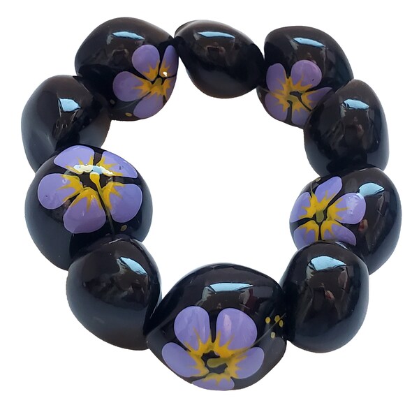 Beautiful Various Kukui Nut Bracelets with Hand Painted Hibiscus Flowers, select from 10 colors