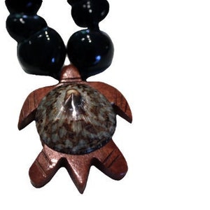 Hawaiian Style Black or Brown Kukui Nut Choker Lei Necklace w/ Opihi Shell on Koa Wood Turtle Honu Charm