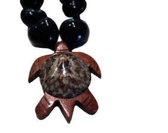Hawaiian Style Black Kukui Nut Choker Lei Necklace with Opihi Shell on Koa Wood Turtle Honu Charm