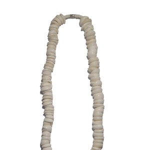 May include: A white shell necklace made of small, round shells. The necklace is strung on a thin silver cord.