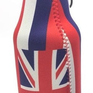 May include: A brown glass bottle inside a red, white, and blue Union Jack-themed beer can cooler. The cooler has a black loop and a red stitched seam. The design features the British flag.