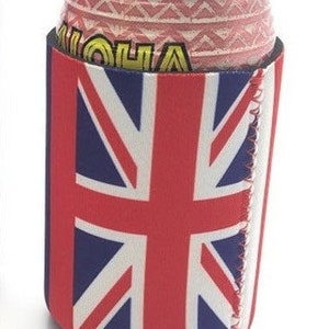 May include: A beverage can in a Union Jack-themed koozie. The koozie features the red, white, and blue design of the British flag. The can has a red and white patterned design. The word "Aloha" is visible on the can.