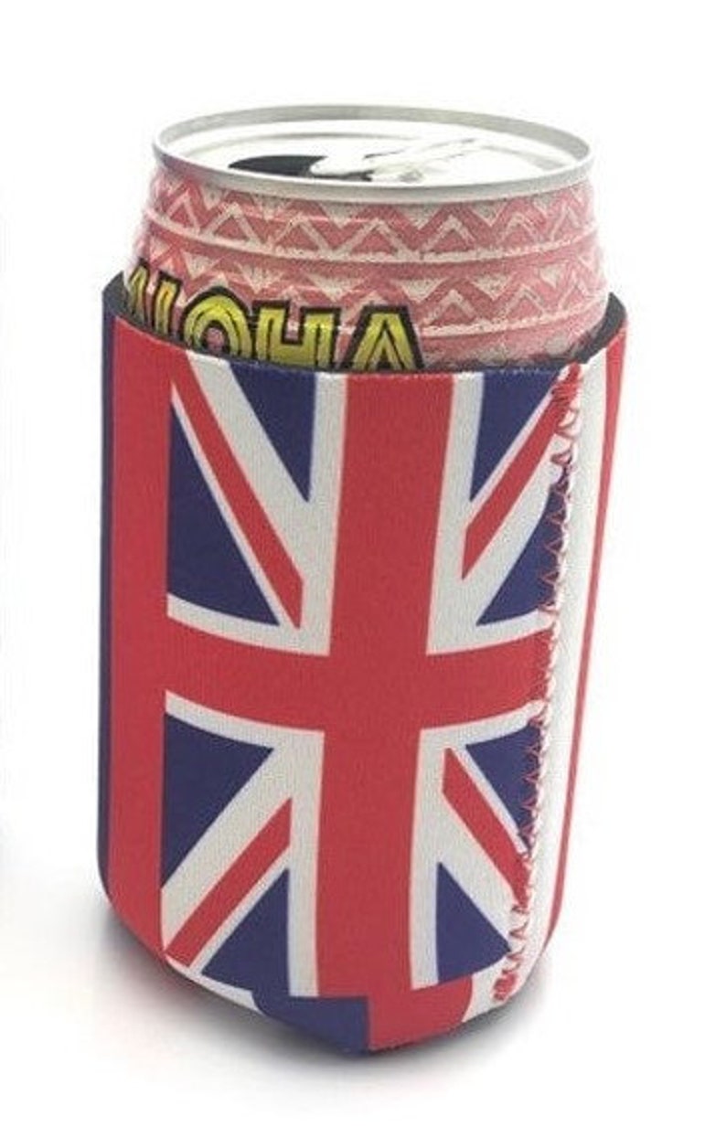 May include: A beverage can in a Union Jack-themed koozie. The koozie features the red, white, and blue design of the British flag. The can has a red and white patterned design. The word "Aloha" is visible on the can.