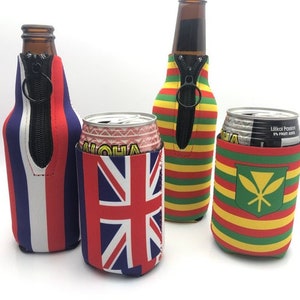 May include: Four beverage insulators in various designs. One features red, white, and blue stripes, another the Union Jack, and two with striped patterns in green, yellow, and red. Each has a black zipper.