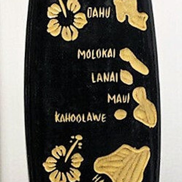 Mini Carved Surfboard  11.75" x 2.875" x 0.25" Turtle Dolphin Palm Trees Hawaii Island Map