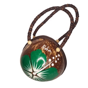 Handmade Coconut Shell  Purse  Hawaii Aloha, Unique Style,  Beaded Handle, Green Hibiscus