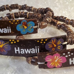 Coconut 6&quot; Elastic Hawaiian Hawaii jewelry ID Bracelet with two Hibiscus Flowers