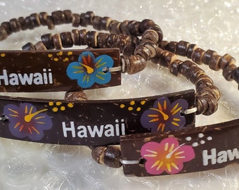 Coconut 6" Elastic Hawaiian Hawaii jewelry ID Bracelet with two Hibiscus Flowers