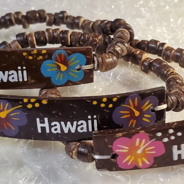 Coconut 6" Elastic Hawaiian Hawaii jewelry ID Bracelet with two Hibiscus Flowers