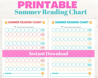 Pode incluir: Duas tabelas de leitura de verão imprimíveis com o texto "PRINTABLE Summer Reading Chart" e "Instant Download". Cada tabela apresenta uma grade de círculos numerados de 10 a 100, um espaço para um nome e uma seção de recompensa com estrelas amarelas.