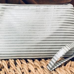 Wristlet Bag, White & Silver Metallic Stripe Print Wristlet, Purse, Makeup Bag, Wristlet Pouch, Clutch, Bag