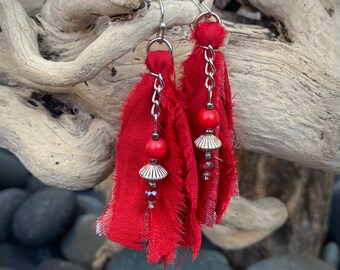 Sari Silk Tassel Earrings - Red & Silver