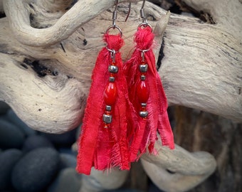 Sari Silk Tassel Earrings - Red