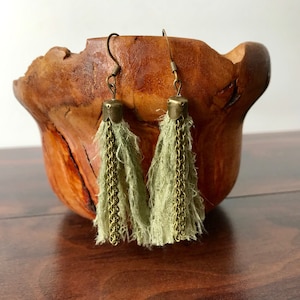 Sari Silk Tassel Earrings - Green & Bronze