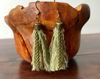 Sari Silk Tassel Earrings - Green & Bronze