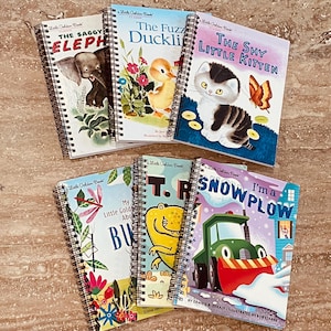 May include: A collection of eight Little Golden Books with colorful covers featuring illustrations of a saggy elephant, a fuzzy duckling, a shy little kitten, a little golden bug, a T. Rex, a snowplow, and more. The books are spiral bound and have a vintage look.