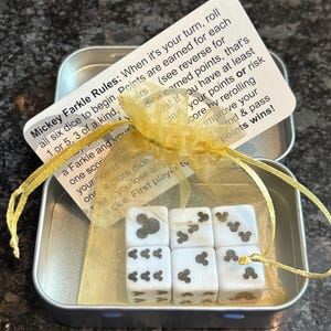 Mickey Farkle game sets - 6 Mouse dice and instructions in each tin Disney Cruise Fish Extender FE gift idea - printed or engraved dice