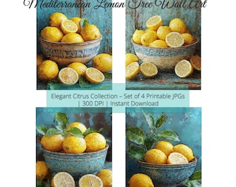 Mediterranean Lemon Tree Wall Art Set – Rustic Citrus Kitchen Decor | Printable Fruit Bowl Artwork – Set of 4 JPGs | Instant Download