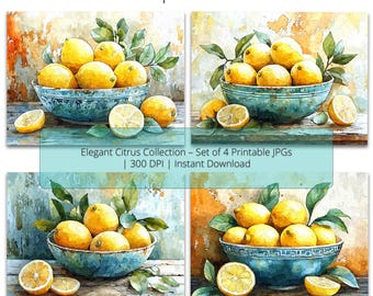 Mediterranean Lemon Tree Wall Art Set of 4 – Printable Watercolor Lemon Kitchen Decor, Blue Bowl Citrus Prints, 300 DPI JPG Download
