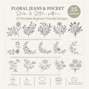 Pode incluir: Uma coleção de 25 padrões florais para bordar em jeans e bolsos. Os desenhos de linhas pretas incluem buquês, arranjos de canto e pequenos motivos. O texto inclui 'FLORAL JEANS & POCKET', '25 DESIGNS' e dimensões como 8 cm x 8 cm.