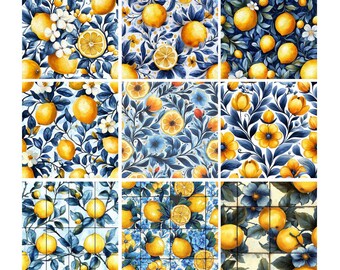 Seamless Lemon Tile Pattern Set B – 10 Mediterranean Citrus Digital Papers, Blue & Yellow Kitchen Tiles, 3600×3600 JPG