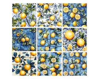 Mediterranean Lemon Tile Digital Paper Set A – 10 Blue & Yellow Italian Citrus Patterns, 12x12 Scrapbook JPG
