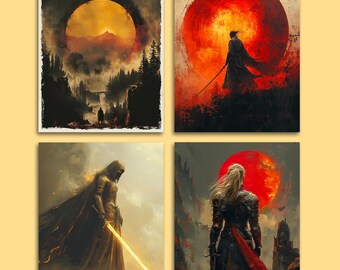 Dark Fantasy Moon Warrior Art Set - Medieval Hero Print Collection - Celestial Sword Poster - Gothic Wall Decor