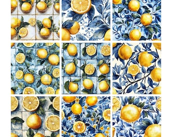 Lemon Tile Digital Paper Set D – 10 Mediterranean Blue Citrus Patterns, Italian Tile Scrapbook Paper JPG
