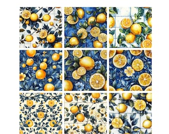 Mediterranean Lemon Seamless Tile Digital Paper Set C – 10 Blue & Yellow Italian Citrus Patterns, 12x12 JPG
