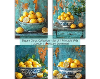 Mediterranean Lemon Bowl Wall Art Set – Rustic Kitchen Decor – Blue Chinoiserie Citrus Printable – Farmhouse Fruit Artwork