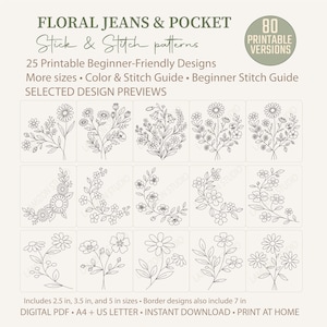 Floral Stick and Stitch Embroidery Patterns - Denim Pocket Designs for Jeans and Jackets - Beginner PDF Bundle