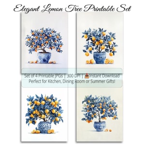 Set di decorazioni murali Lemon Tree – 4 JPG stampabili / Alta risoluzione 300 DPI / Download digitale per decorazioni da cucina o estive
