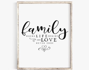 Family where love never ends sign, Family Quote Print, Printable Wall Art, Motivational print, INSTANT DOWNLOAD, Entry room wall art quote
