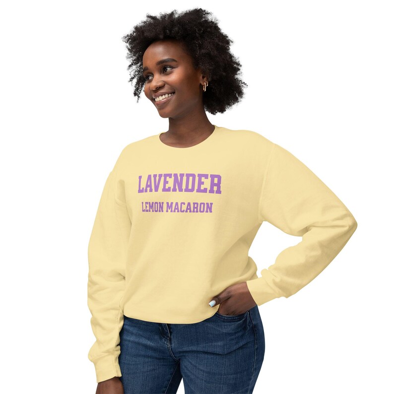 Lavender Lemon Macaron Sweatshirt – Cozy Fall Pullover, Baker Gift, Farmers Market Outfit, Foodie Clothing, Cute Autumn Dessert Sweater image 8