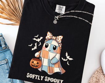Shirt Softly Spooky Ghost – T-shirt met patchwork Halloween, T-shirt met comfortabele kleuren, schattig T-shirt met herfstgeest, T-shirt Cottagecore Spooky Season