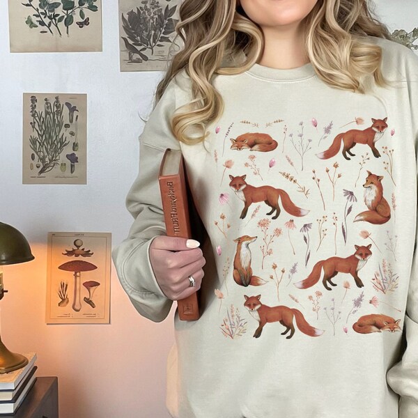 Fox Woodland Animals and Flowers, Easter Crewneck Pullover, Vintage-Style Pressed Flowers, Spring Clothing, Cottagecore Clothing