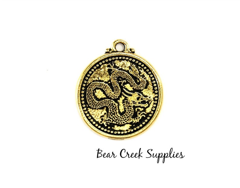 Antique Gold Plated Pewter 683 TierraCast Dragon Pendant 1 pc 28mm 2 Sided