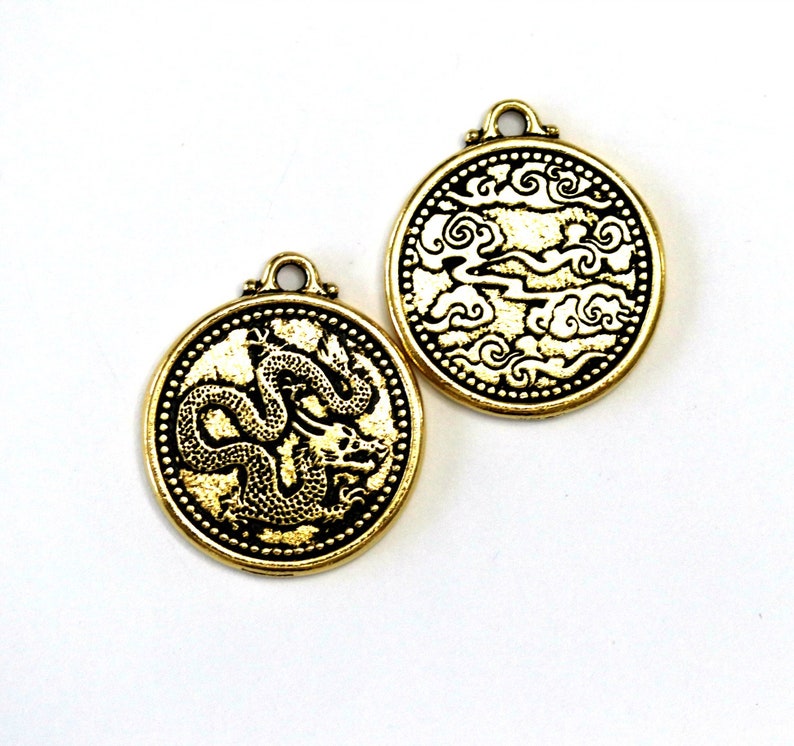 Antique Gold Plated Pewter 683 TierraCast Dragon Pendant 1 pc 28mm 2 Sided