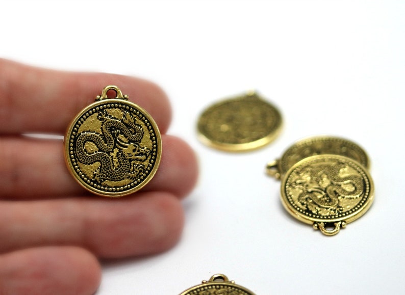 Antique Gold Plated Pewter 683 TierraCast Dragon Pendant 1 pc 28mm 2 Sided