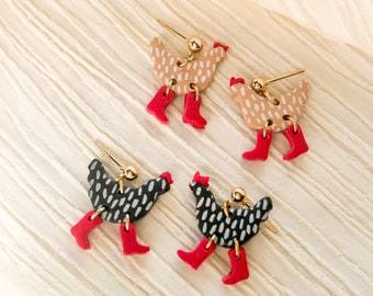 Kaytie’s Kickin’ Chickens| Black and Tan Chickens with Red Boots and 18k plated ball posts | Plymouth Rock, Wyandotte chicken, Sussex